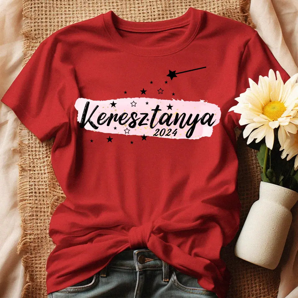 Szerkeszthető keresztanya feliratos ajándék póló dátummal