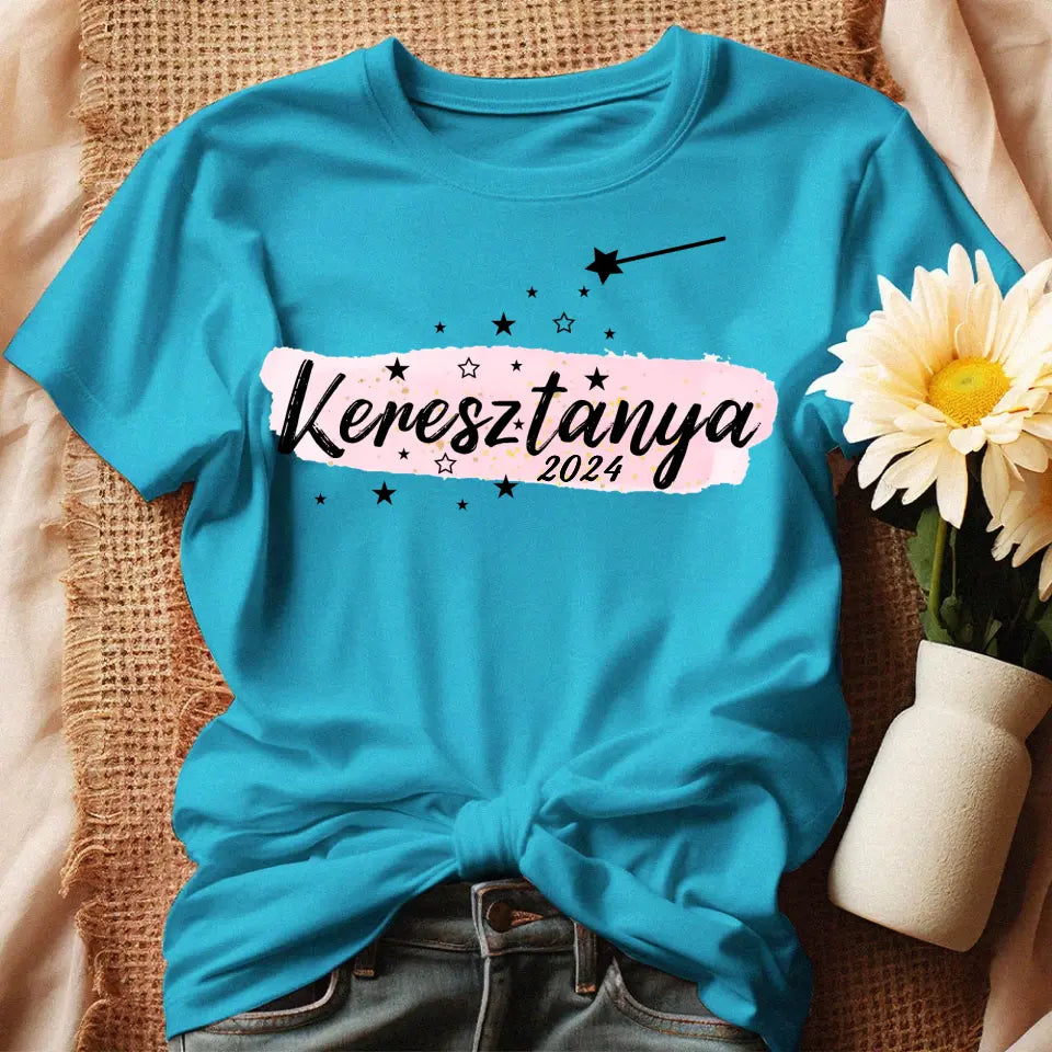 Szerkeszthető keresztanya feliratos ajándék póló dátummal