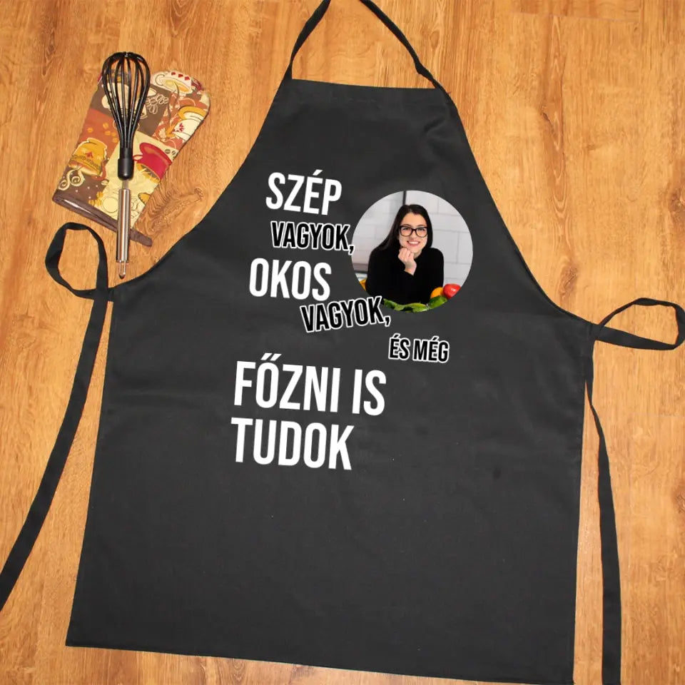 Vicces fekete kötény nőknek egyedi fényképpel