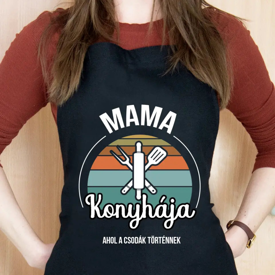 Mama konyhája fekete kötény szerkeszthető felirattal