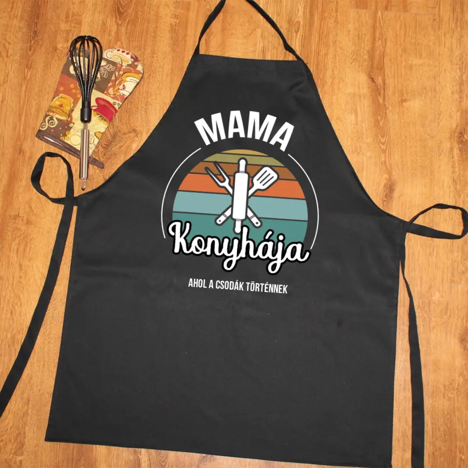 Mama konyhája fekete kötény szerkeszthető felirattal