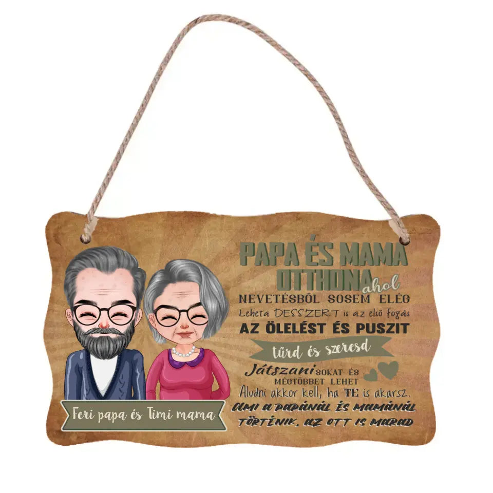 Fali dekor tábla ajándék nagyszülőknek - Mama és Papa otthona szerkeszthető karakterekkel
