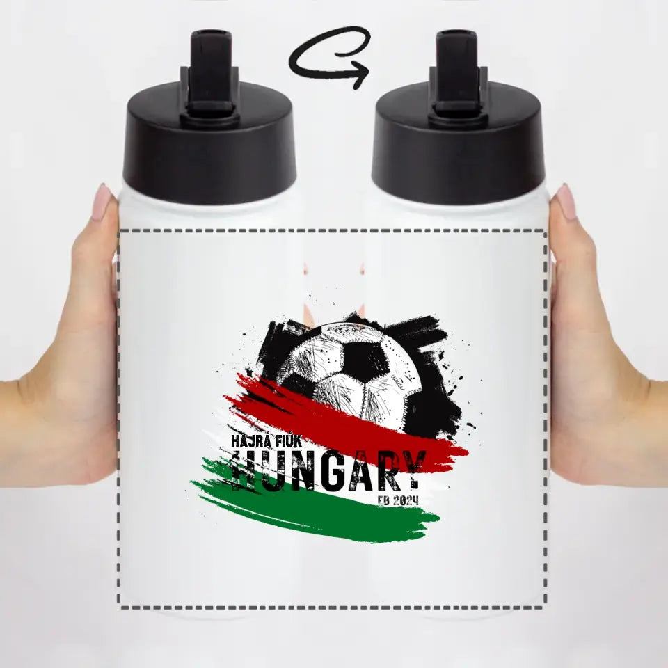 Személyre szabható EB 2024 focis ajándék szívószálas kulacs - magyar csapat piros, fehér, zöld zászlóval