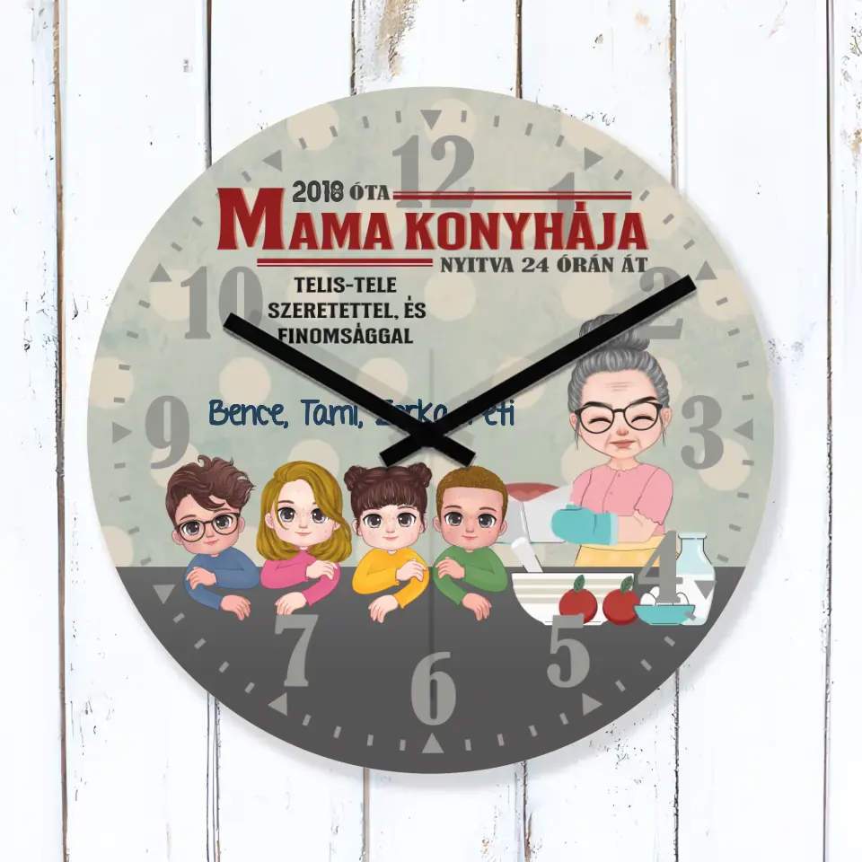 Mama konyhája falióra- személyre szabható ajándék nagymamáknak unokákkal