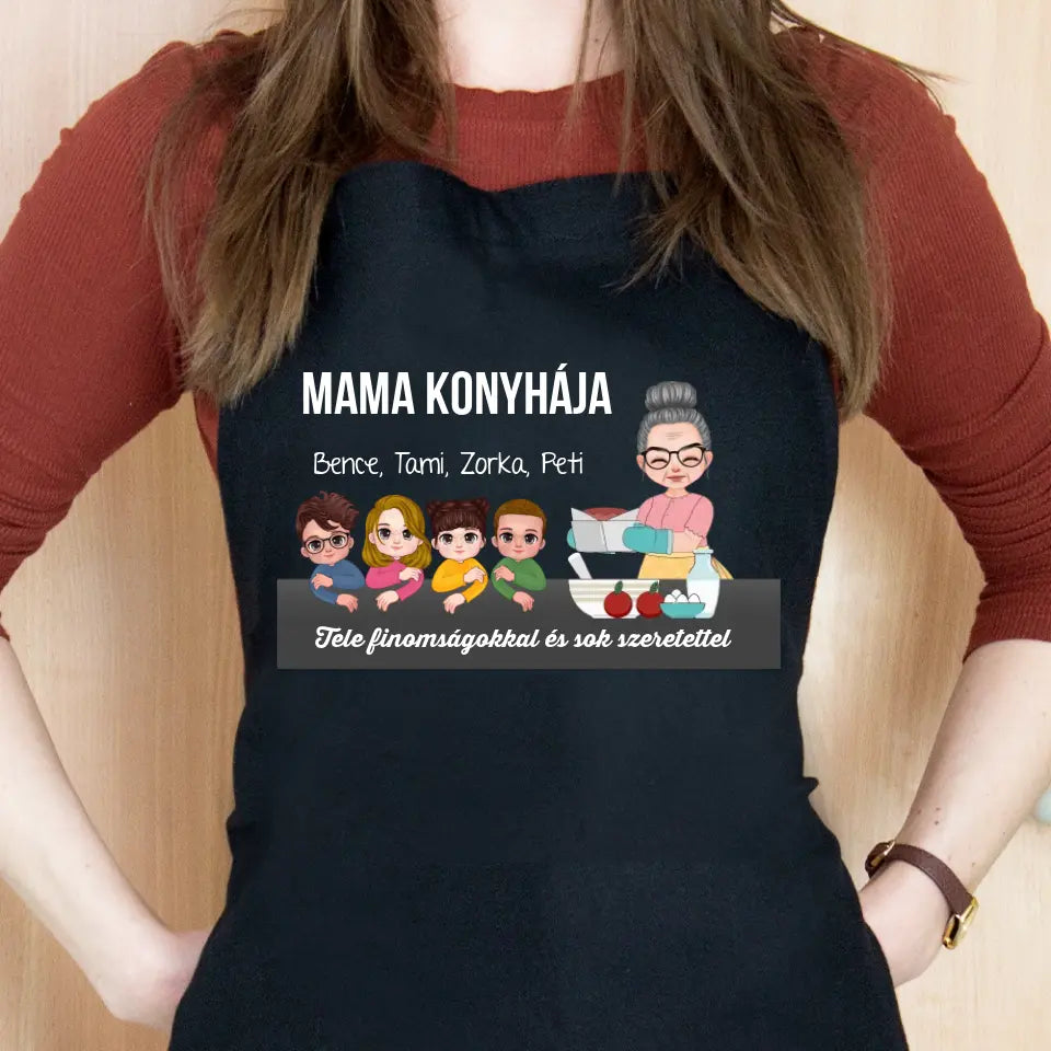 Mama konyhája egyedi fekete kötény
