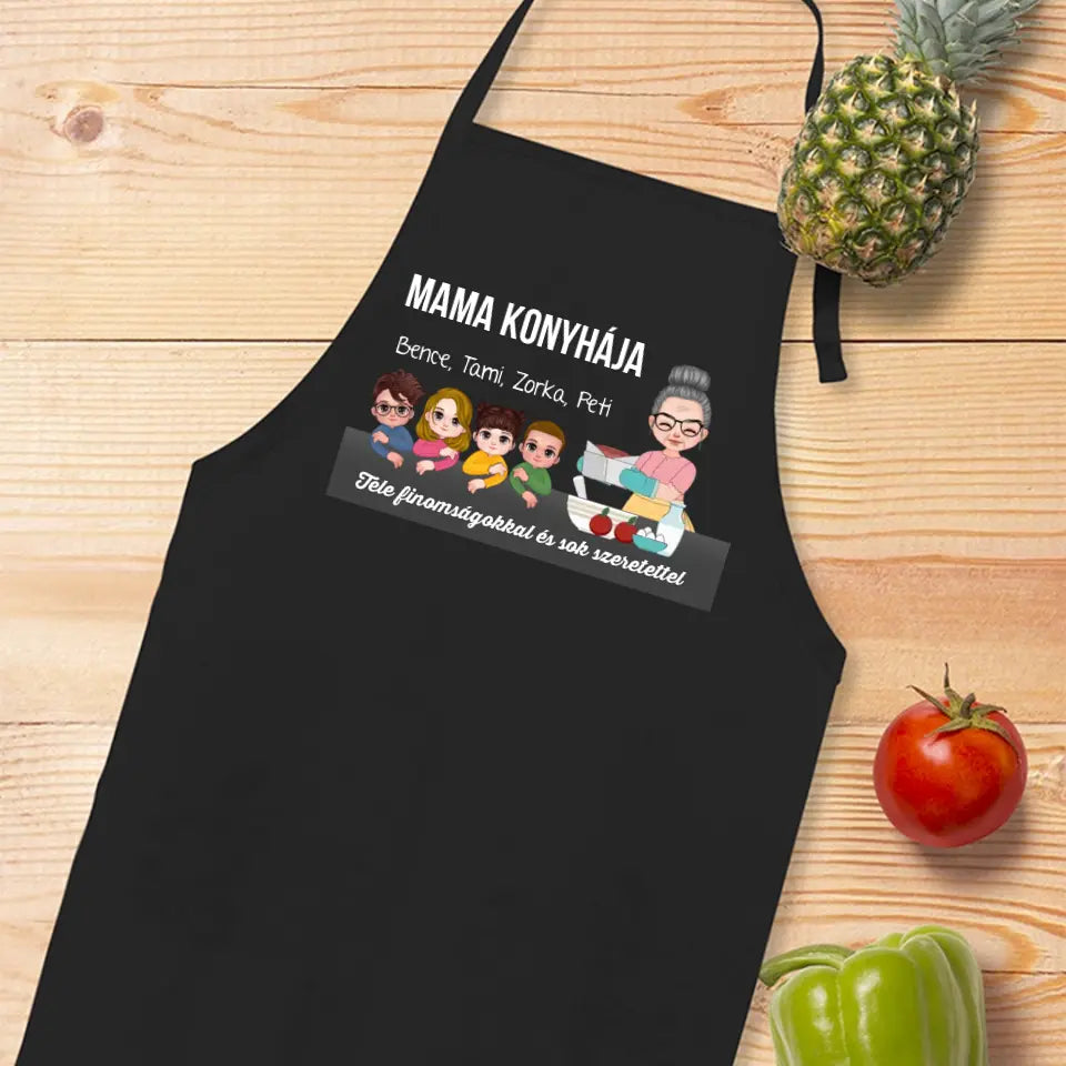 Mama konyhája egyedi fekete kötény