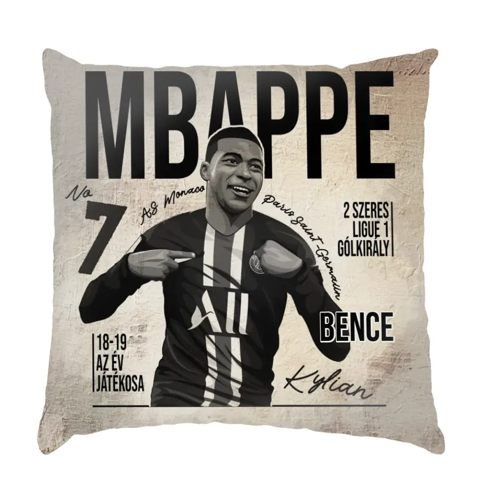 Személyre szabható MBappe focis ajándék párna gyerekeknek - egyedi névvel