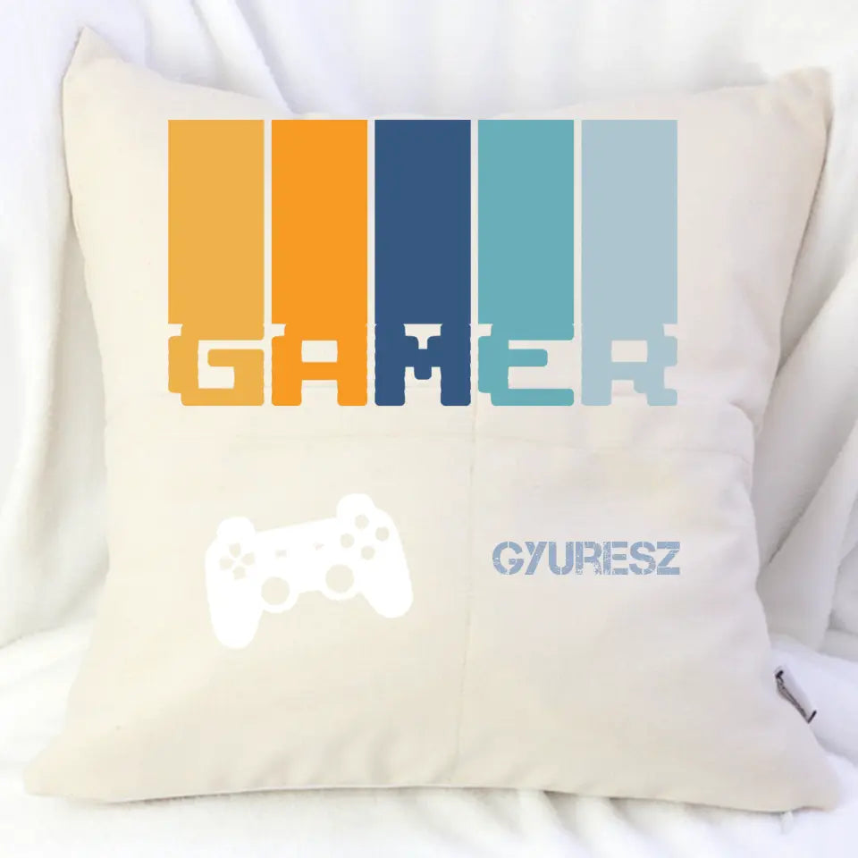 Egyedi neves gamer feliratos zsebes párna a legnagyobb játékosoknak