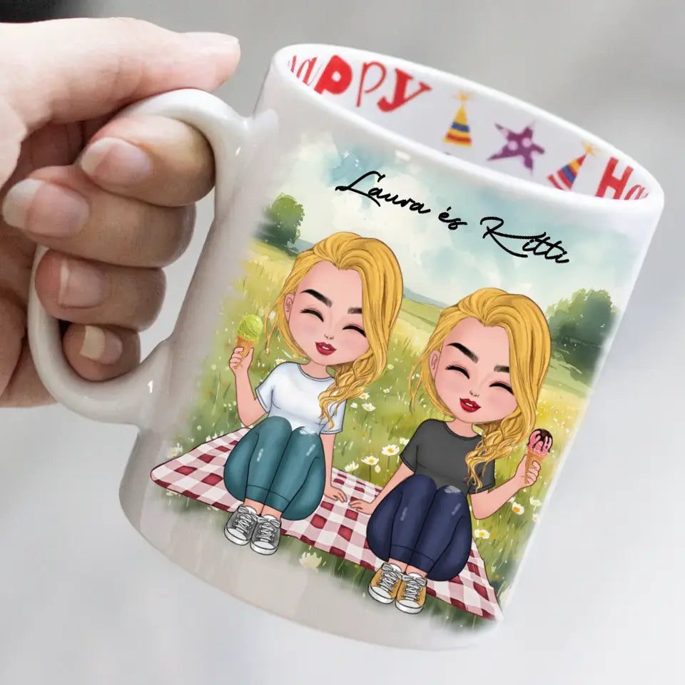 Csukottszemű cuki barátnős egyedi ajándék bögre választható karakterekkel