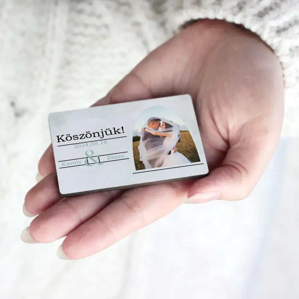 Modern esküvői köszönőajándék hűtőmágnes egyedi képpel