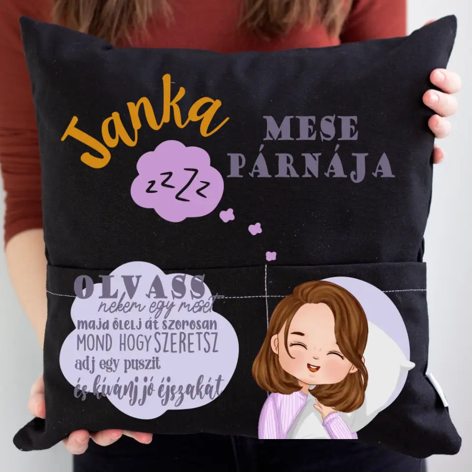 Egyedi ajándék kislányoknak - szerkeszthető karakteres alvós párna zsebbel