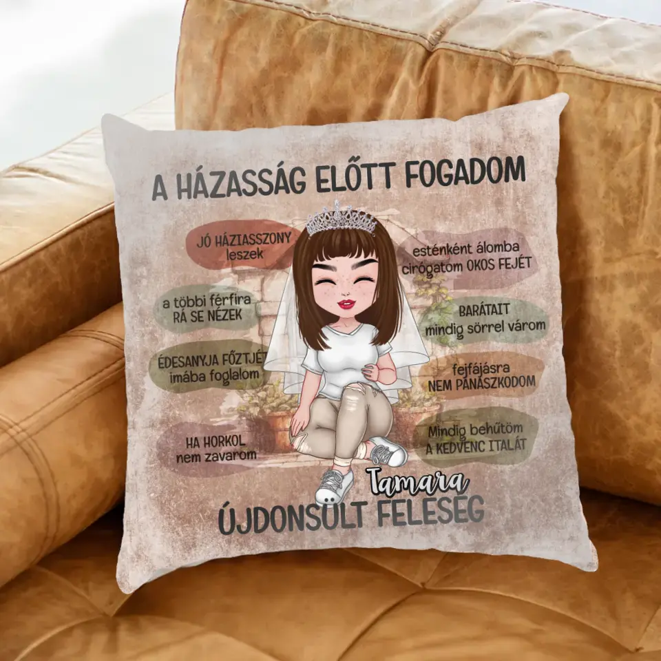 Egyedi ajándék párna lánybúcsúra - személyre szabható menyasszony fogadalom 
