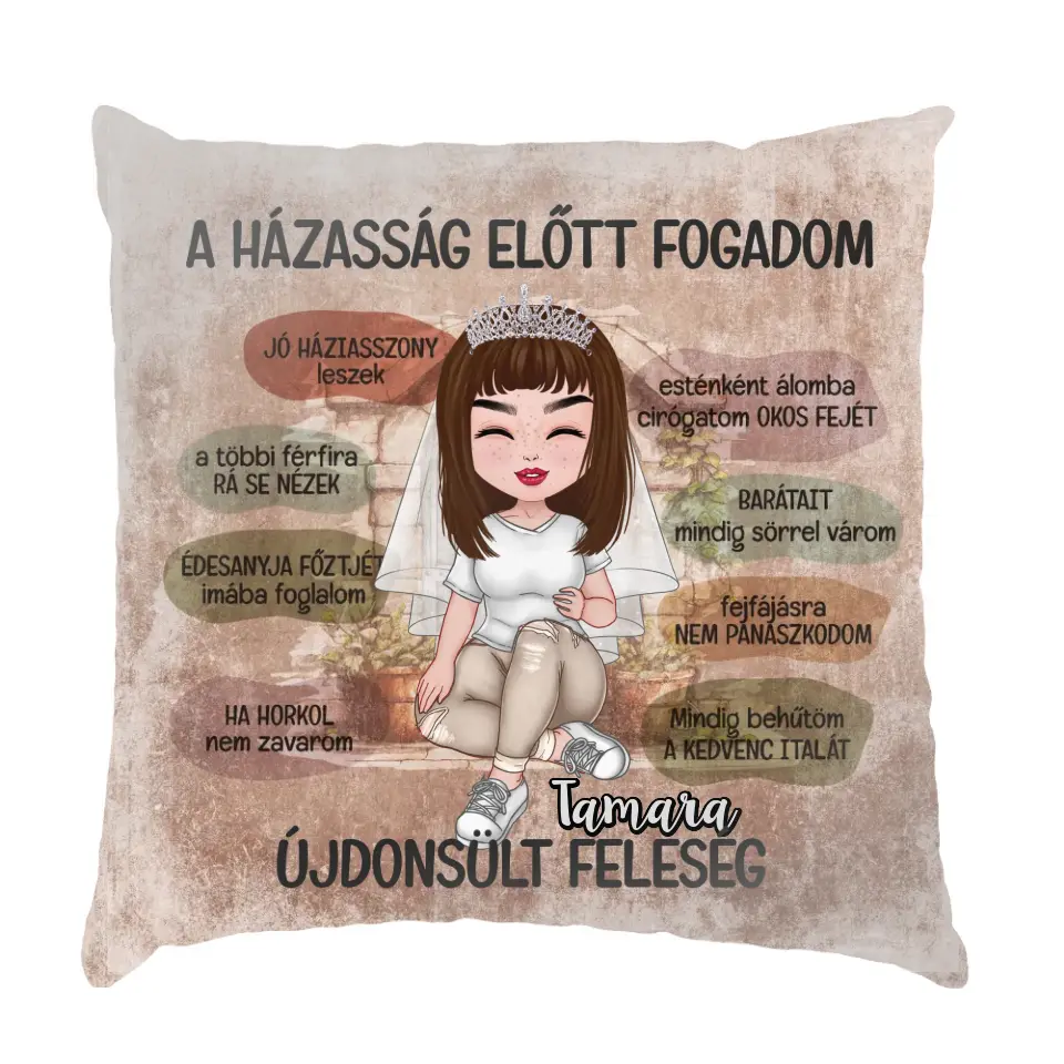 Egyedi ajándék párna lánybúcsúra - személyre szabható menyasszony fogadalom 