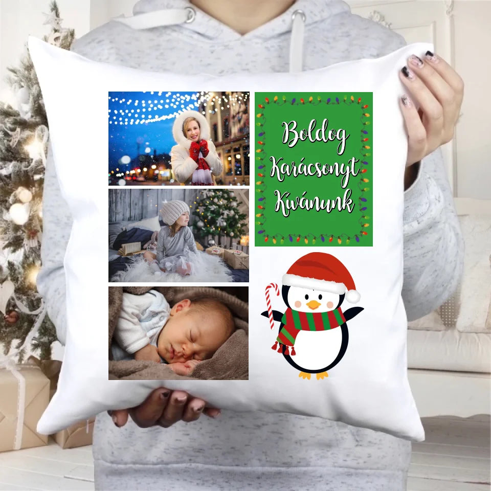 Karácsonyi 3 képes párna felirattal és figurával