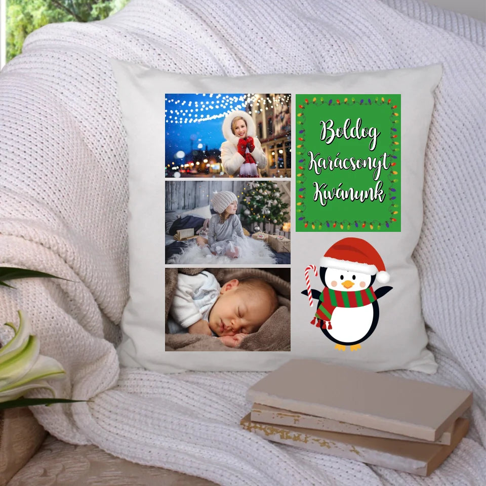 Karácsonyi 3 képes párna felirattal és figurával
