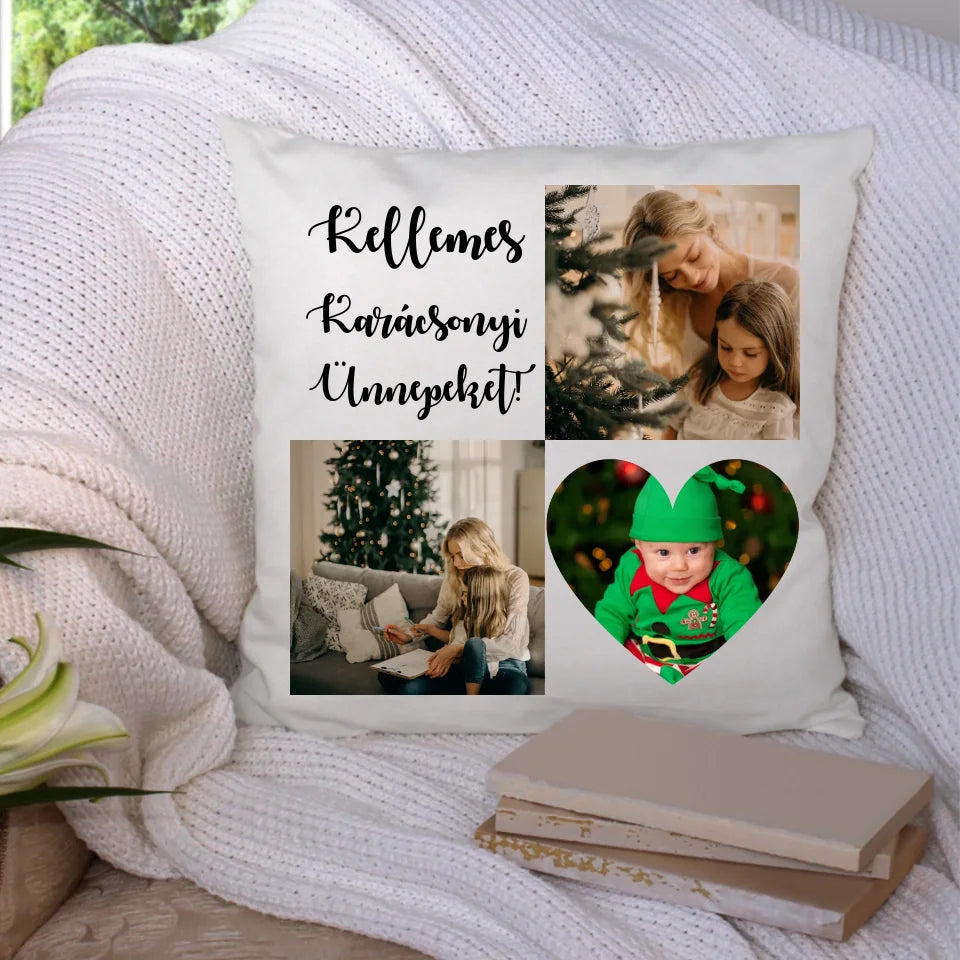 Karácsonyi 3 képes párna szív alakkal