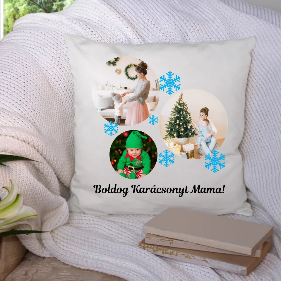 Karácsonyi 3 képes párna hópelyhekkel