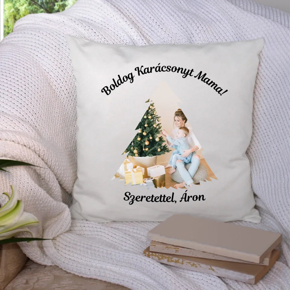 Karácsonyi fenyő mintás párna képpel