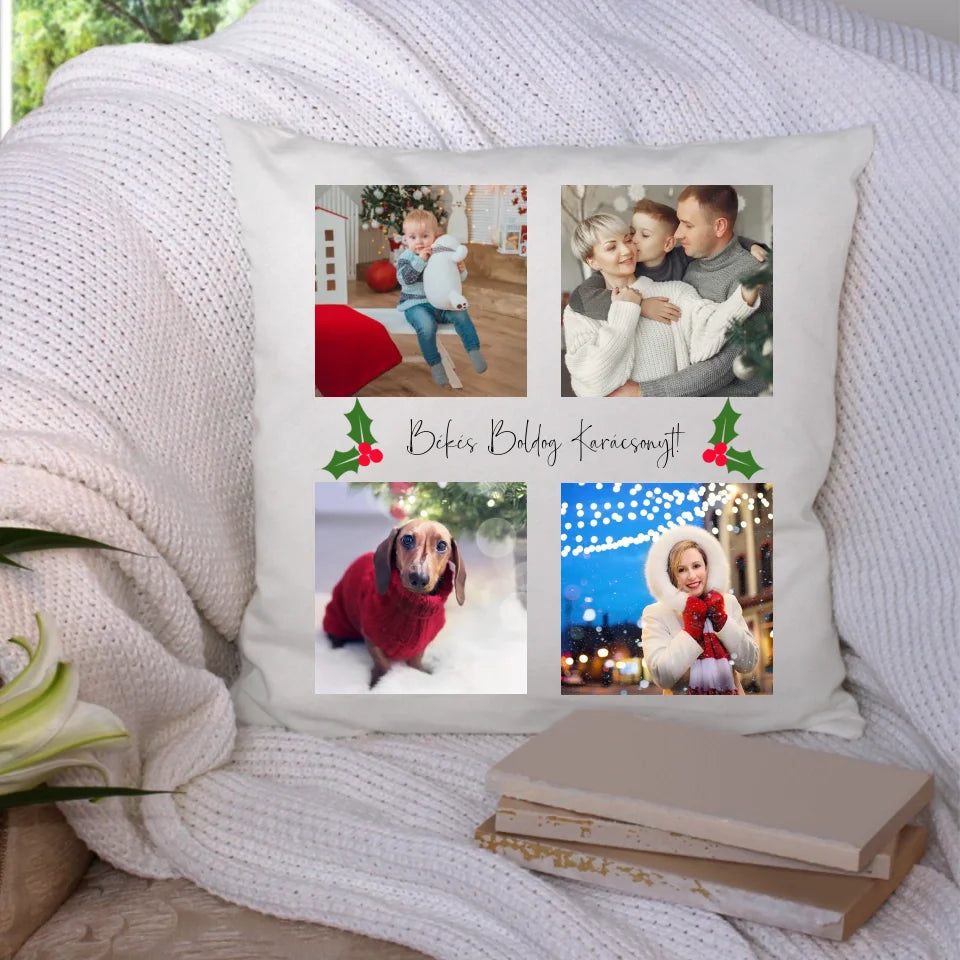Karácsonyi 4 képes párna középen felirattal