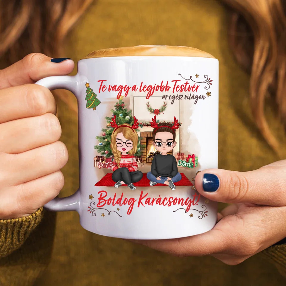 Egyedi ajándék testvéreknek - Boldog karácsonyt bögre felnőtt karakterekkel