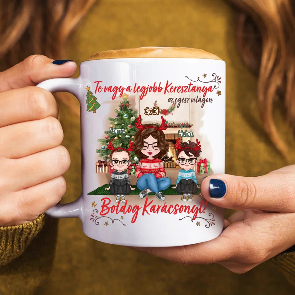 Egyedi ajándék keresztanyáknak - Boldog karácsonyt bögre cuki karakterekkel