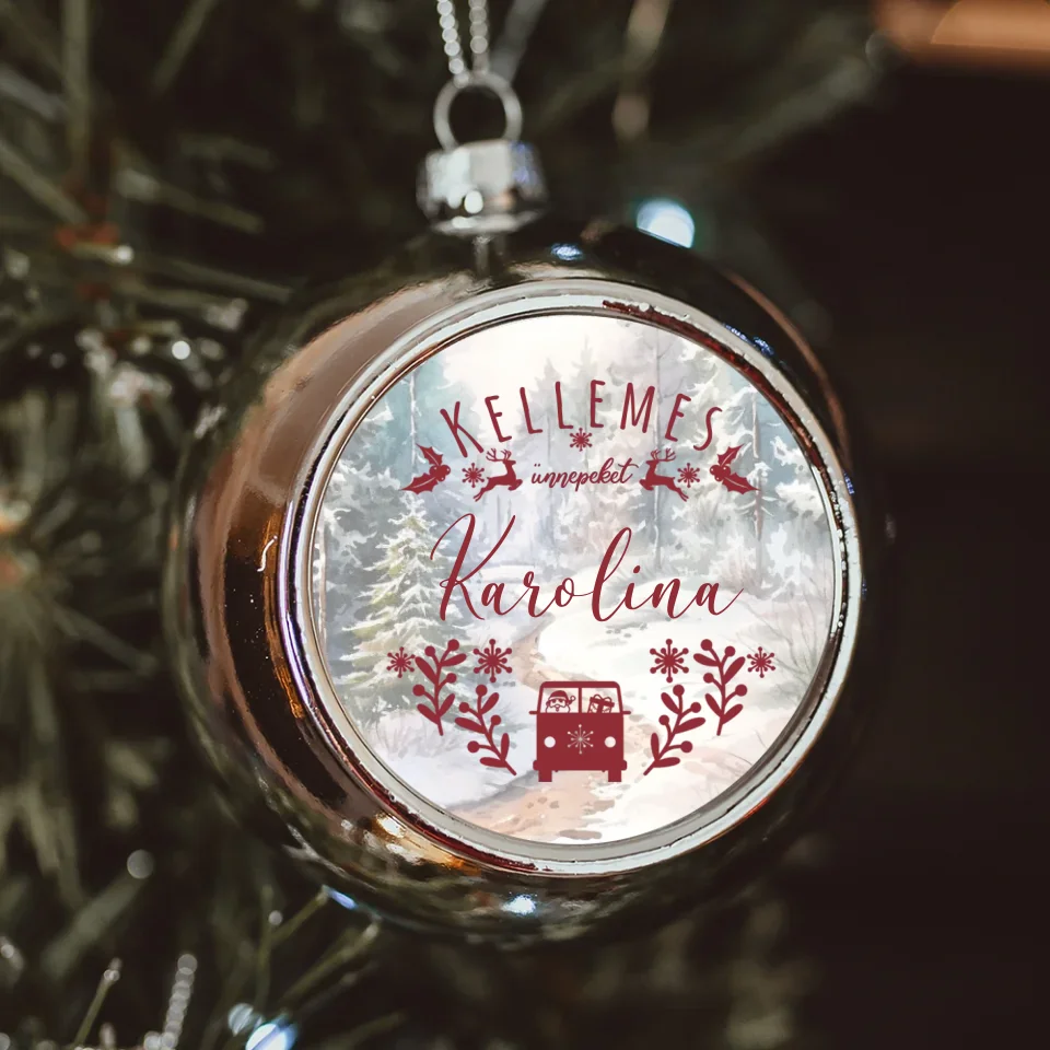 Karácsonyi ezüst gömbdísz saját névvel és illusztrációval