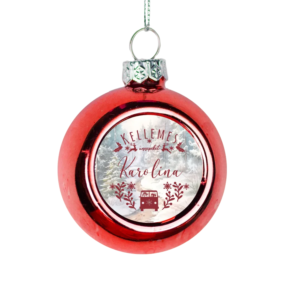 Karácsonyi piros gömbdísz saját névvel és illusztrációval