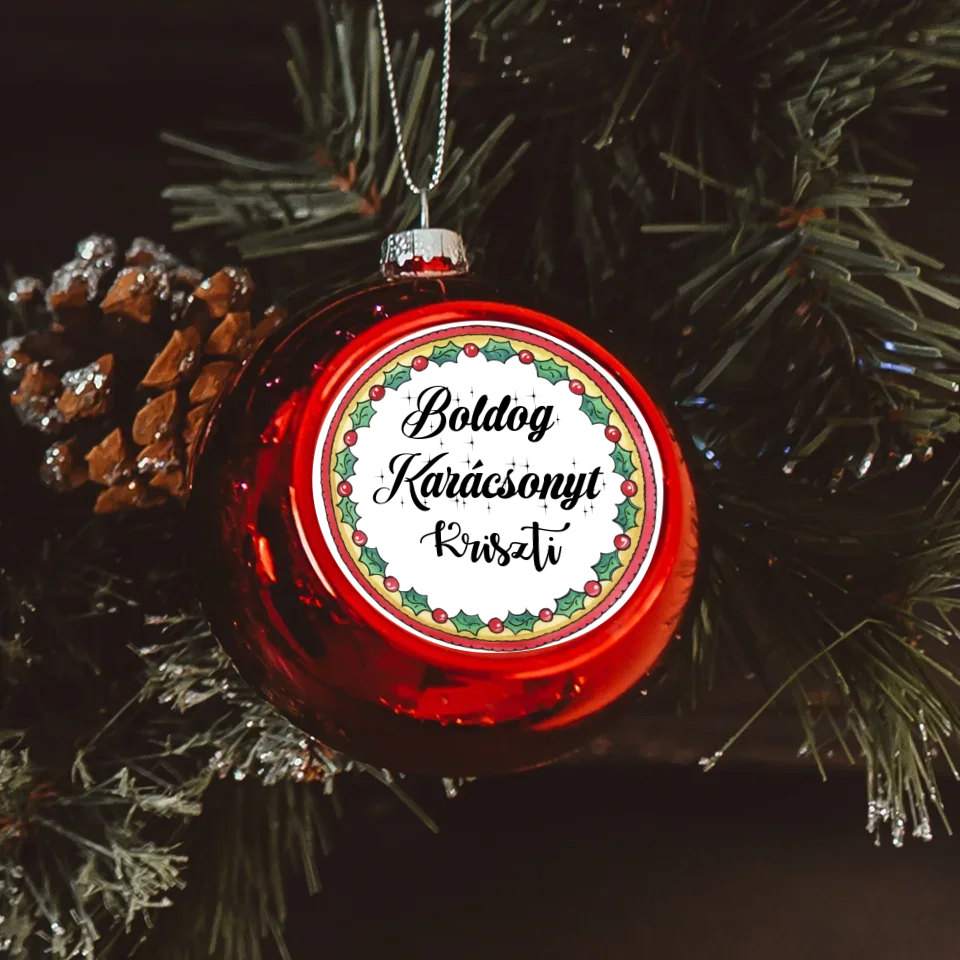 Karácsonyi gömbdísz egyedi névvel piros