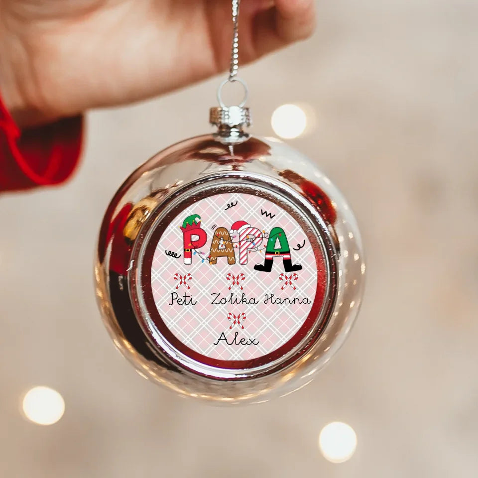 Papának ezüst gömbdísz az unokák neveivel