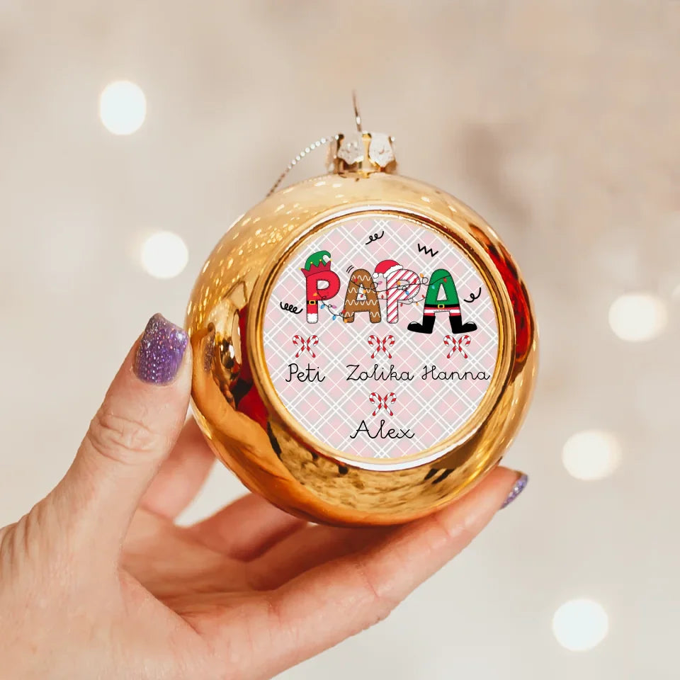 Papának arany gömbdísz az unokák neveivel