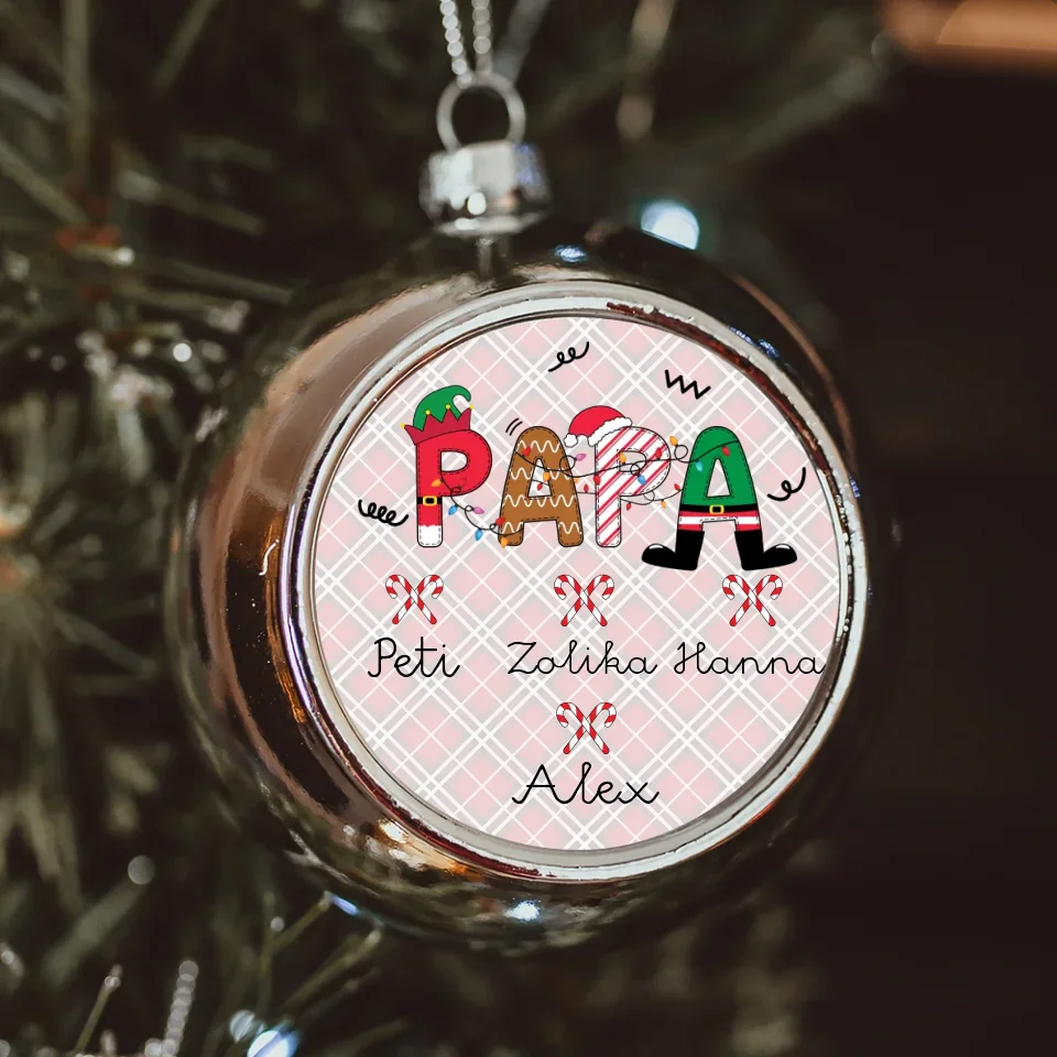 Papának ezüst gömbdísz az unokák neveivel