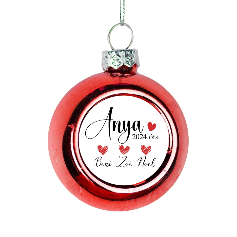 Letisztult anyás piros gömbdísz a gyerekek neveivel