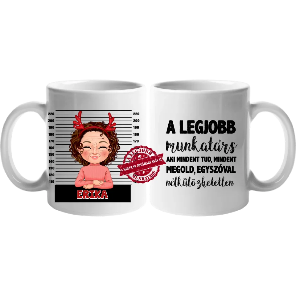 Egyedi karácsonyi ajándék bögre munkatársaknak választható karakterekkel -  egy személlyel