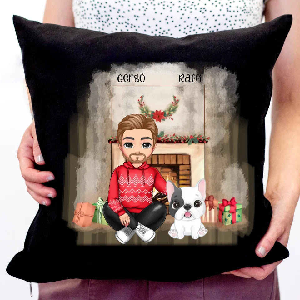 Karácsonyi gazdis párna kutyásoknak fiúval