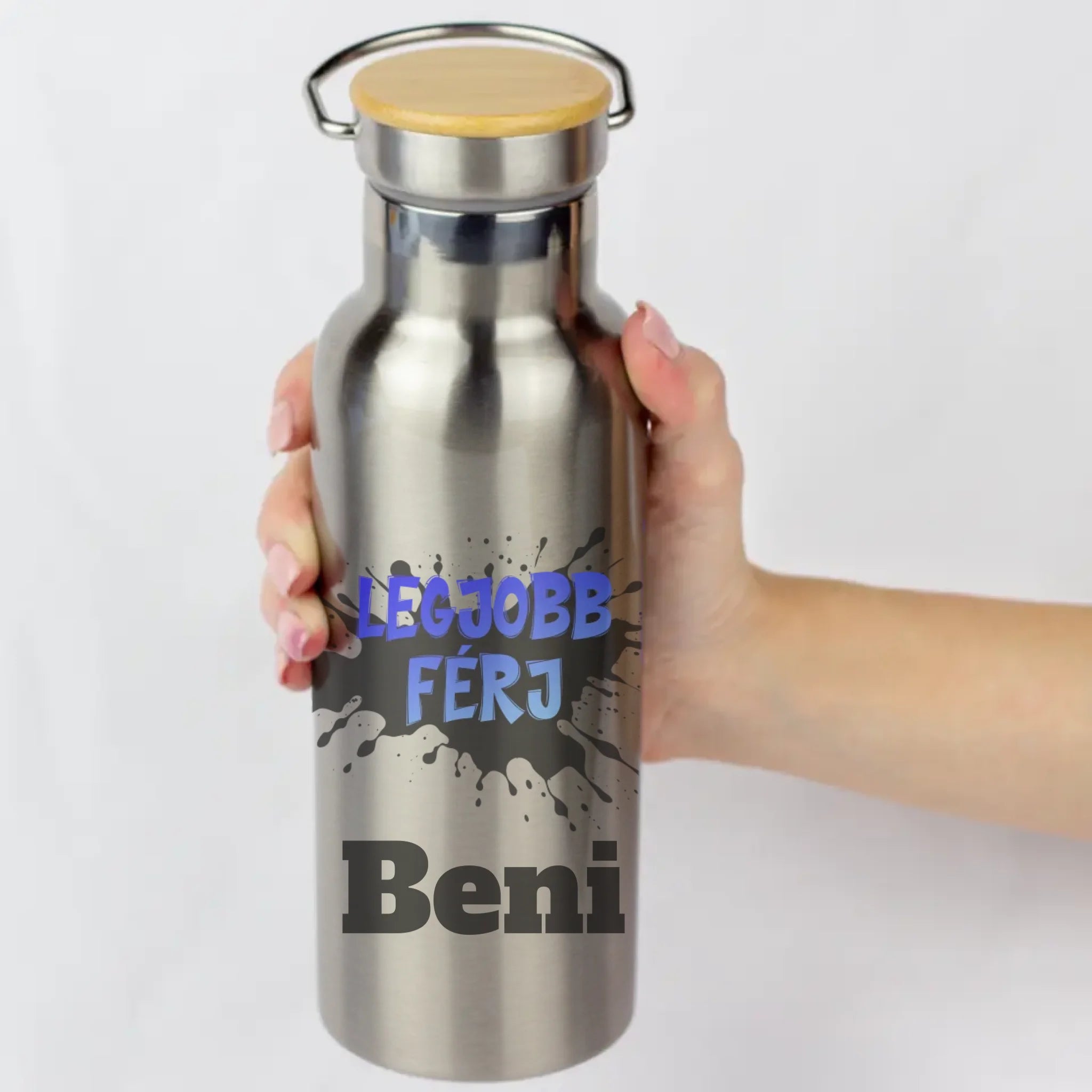 Legjobb férj ezüst színű bambusz fedeles kulacs egyedi névvel