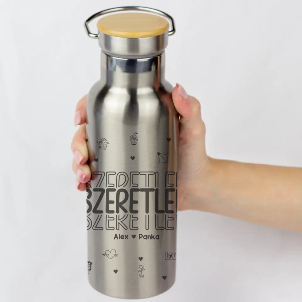 Szeretlek feliratú Valentin napi ezüst színű bambusz fedeles kulacs