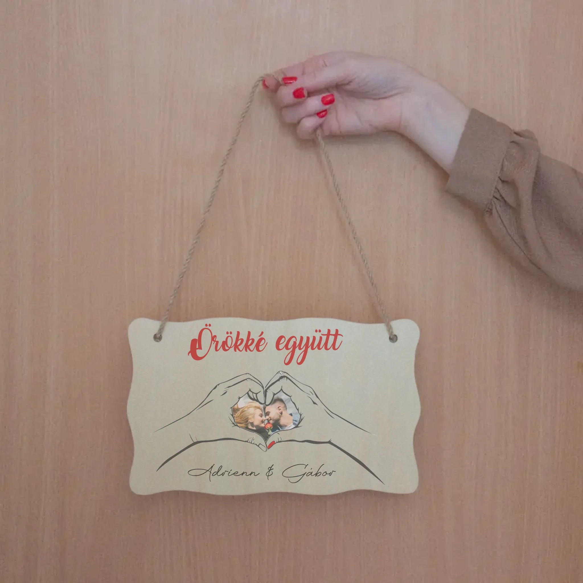 Örökké együtt egyedi képes fa dísztábla Valentin napra pároknak