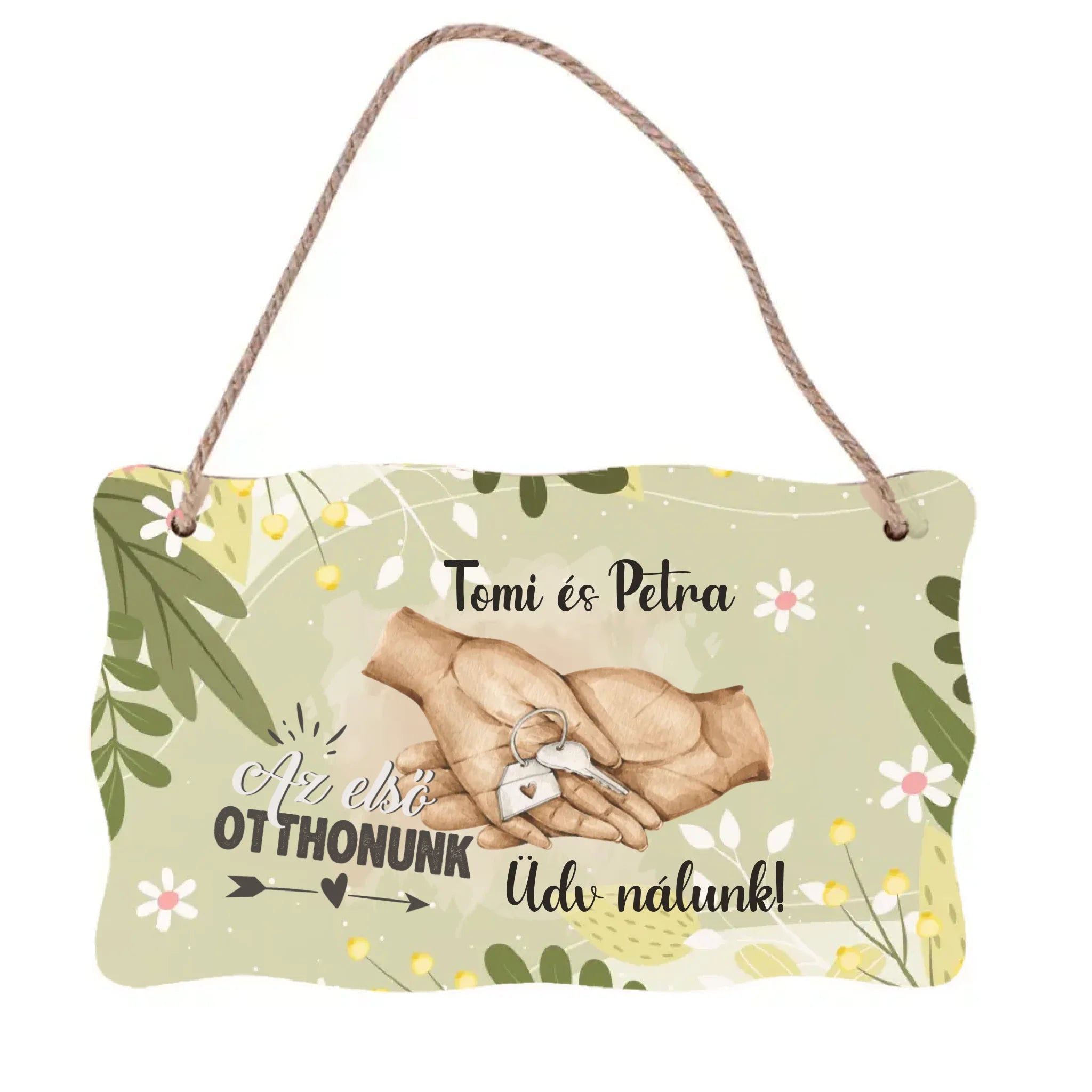 Üdvözlő fa dísztábla egyedi névvel és választahó mintával