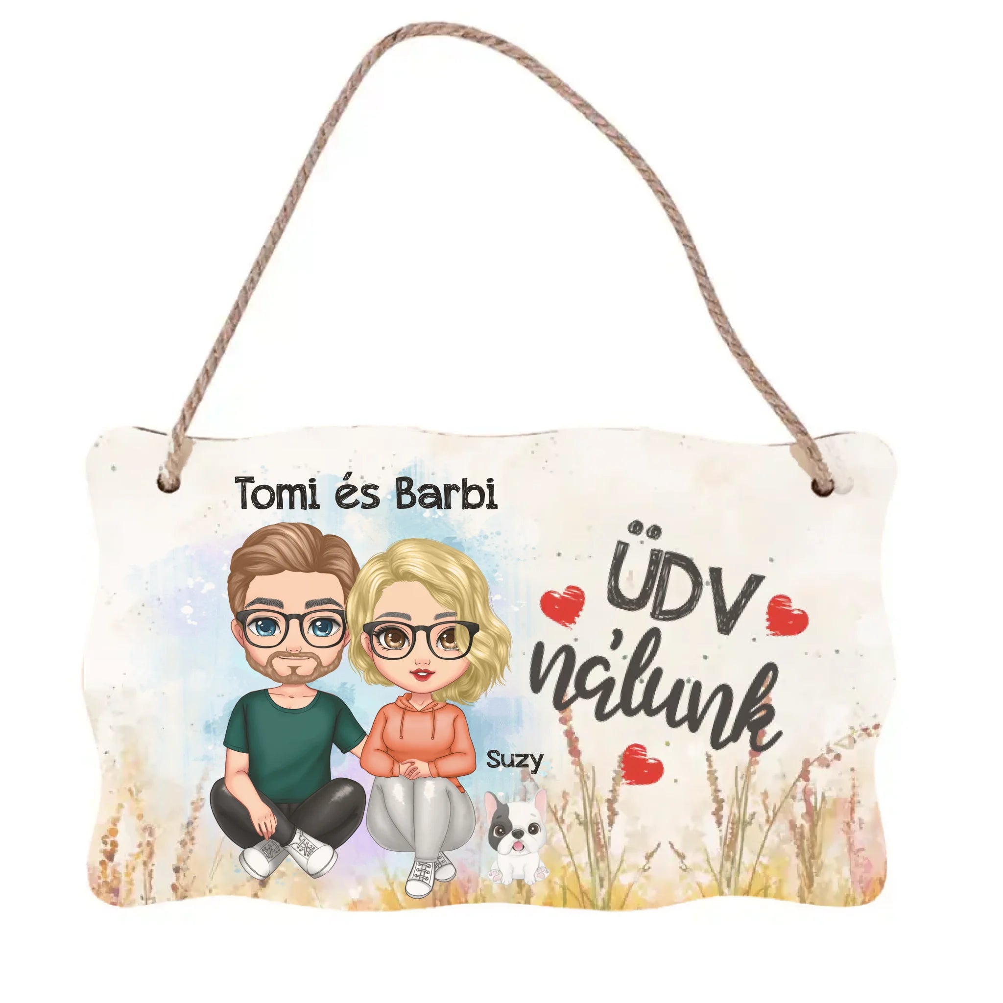 Ajtó kopogtató fa dísztábla szerkeszthető karakterekkel és kutyával