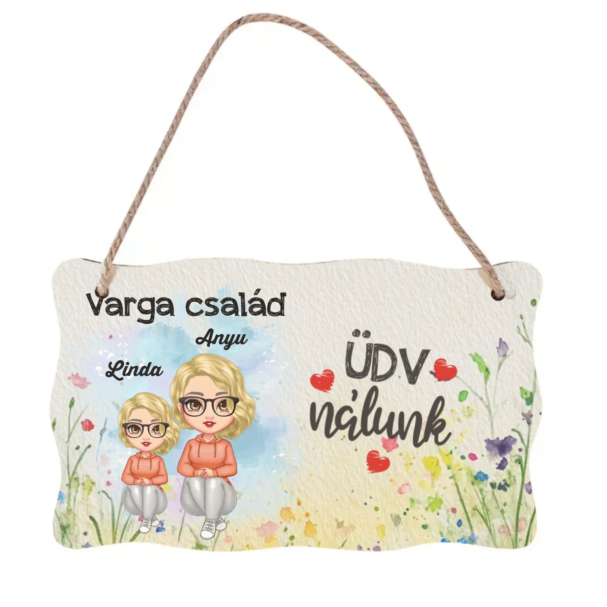 Ajtó kopogtató fa dísztábla szerkeszthető Anya és gyerekek karakterekkel