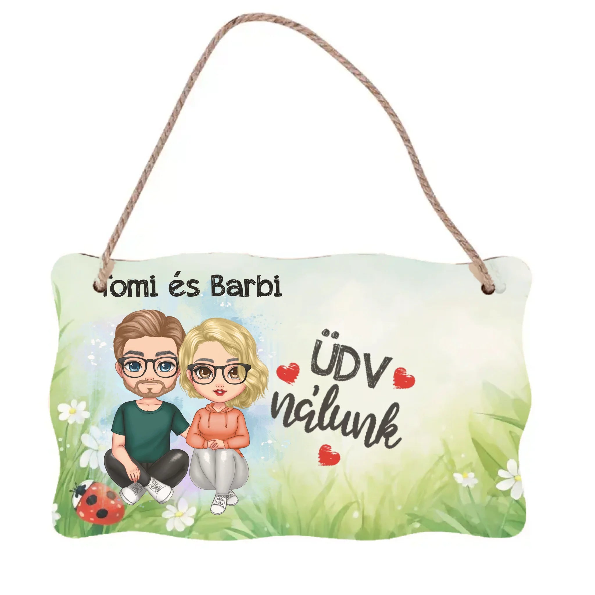 Ajtó kopogtató fa dísztábla pároknak szerkeszthető karakterekkel