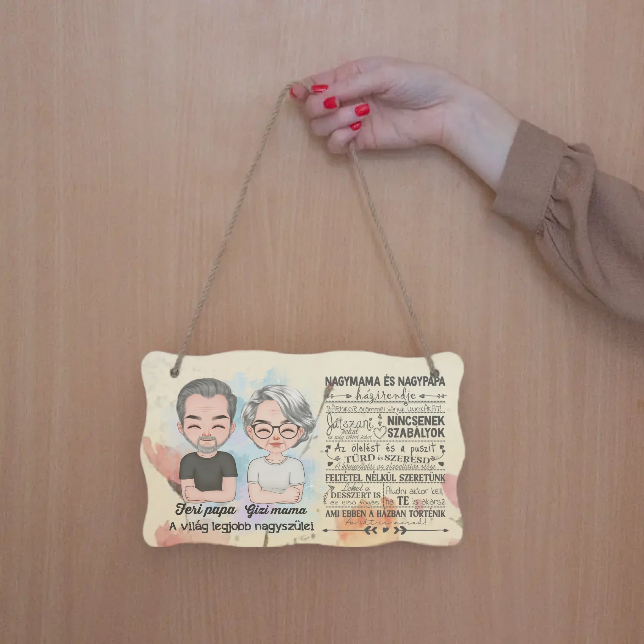 Tavaszi ajtó kopogtató fa dísztábla Nagyszülőknek szerkeszthető karakterekkel