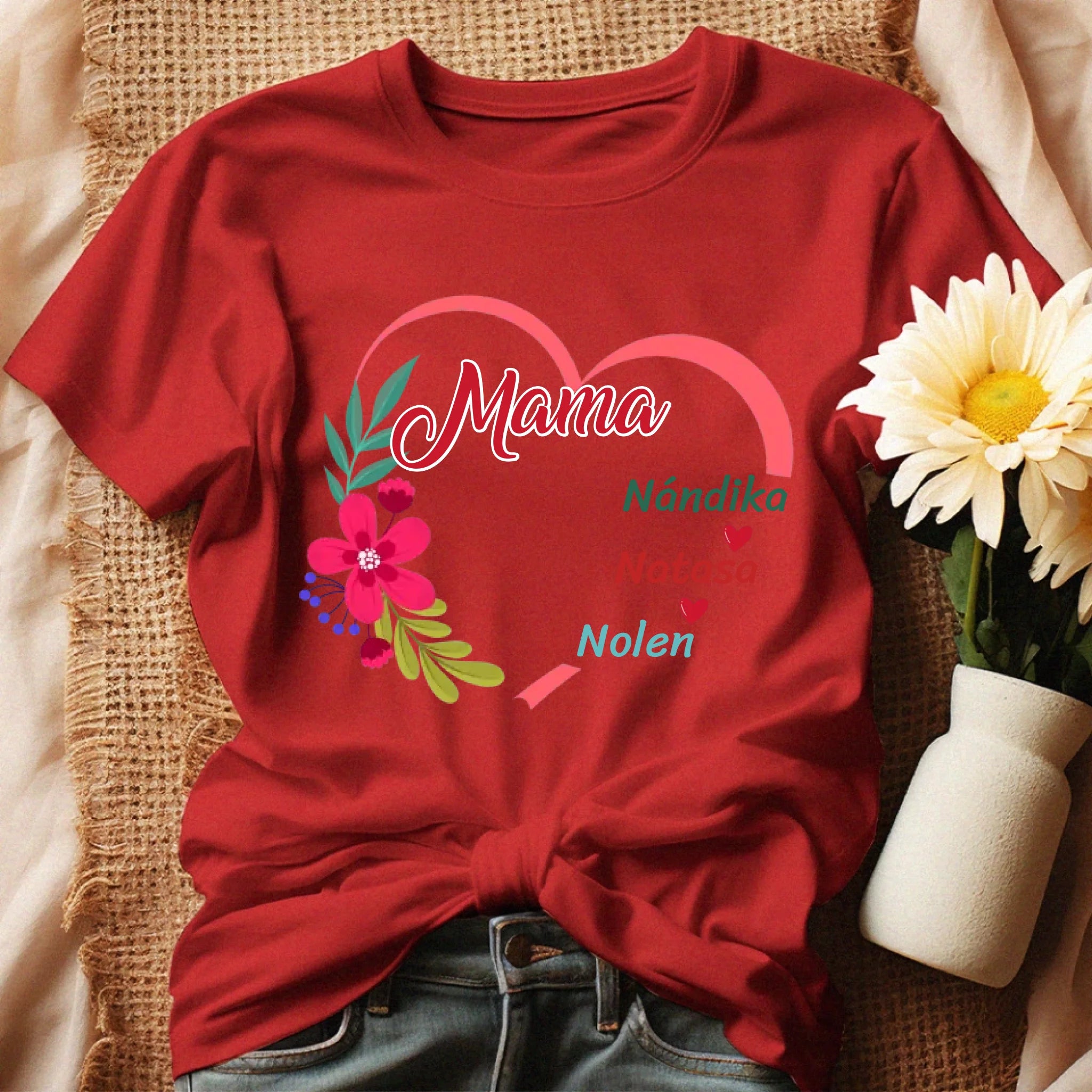 Virágos szív egyedi feliratos női póló Nagymamáknak