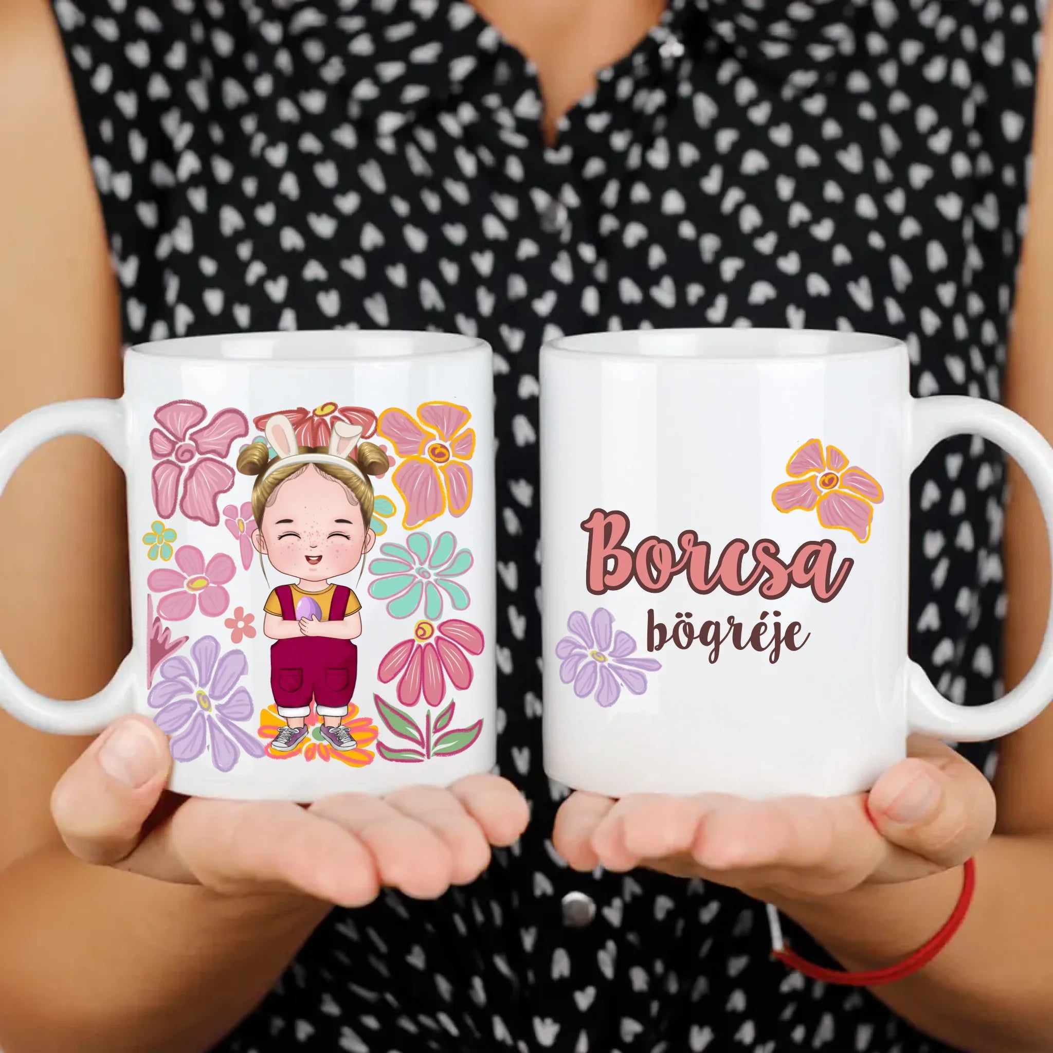 Húsvéti ajándék kislányoknak - egyedi neves bögre szerkeszthető karakterrel