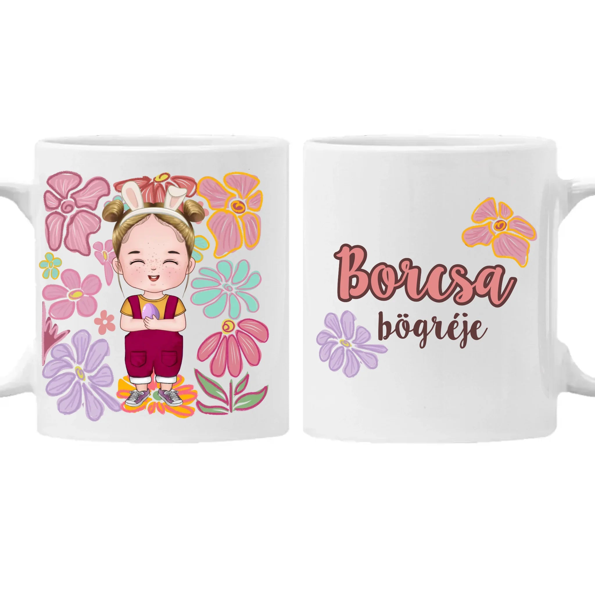 Húsvéti ajándék kislányoknak - egyedi neves bögre szerkeszthető karakterrel