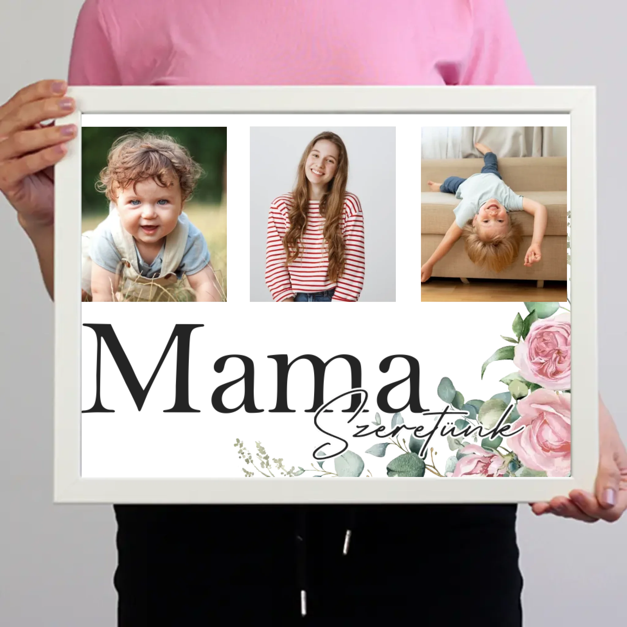 Mama szeretünk - egyedi képes falikép választható felirattal