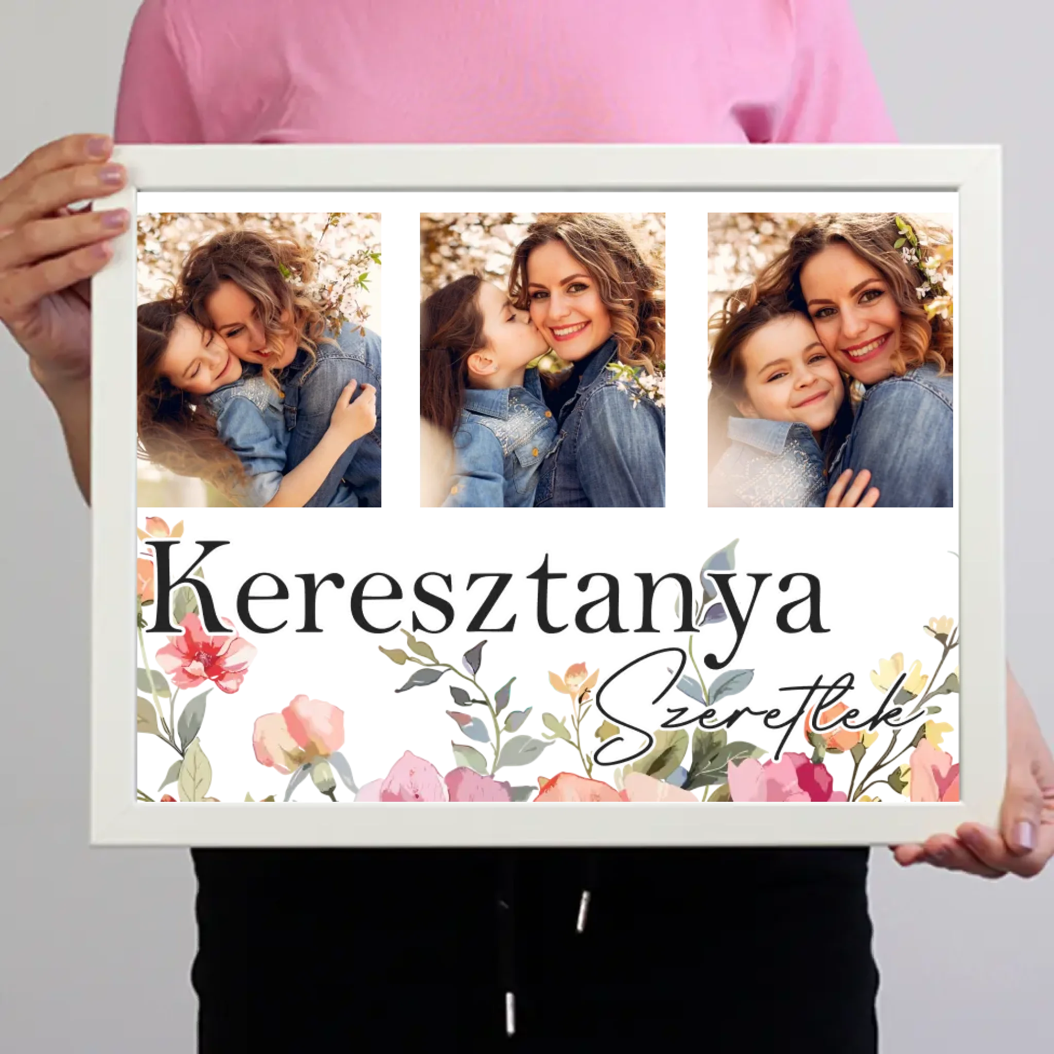 Keresztanya szeretünk - egyedi képes falikép választható felirattal