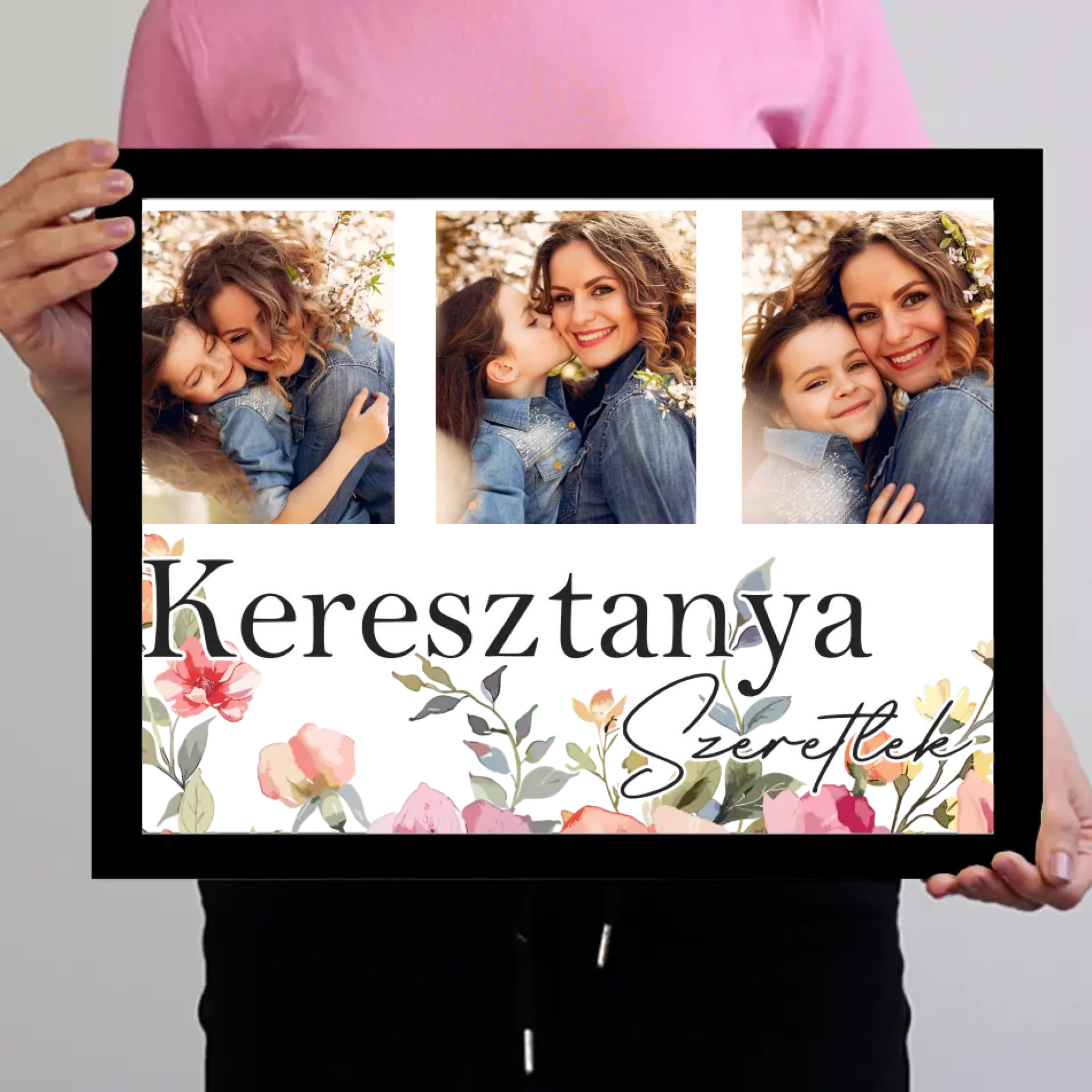 Keresztanya szeretünk - egyedi képes falikép választható felirattal