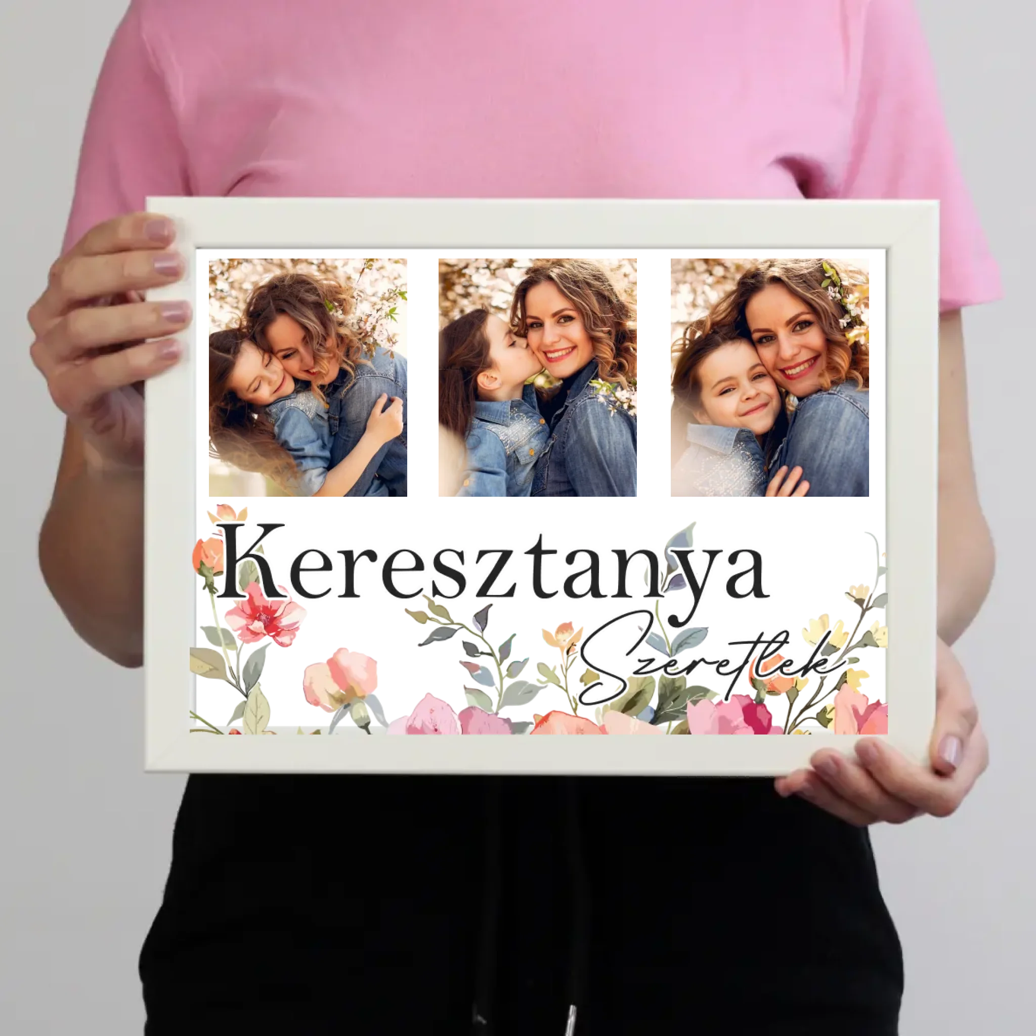 Keresztanya szeretünk - egyedi képes falikép választható felirattal