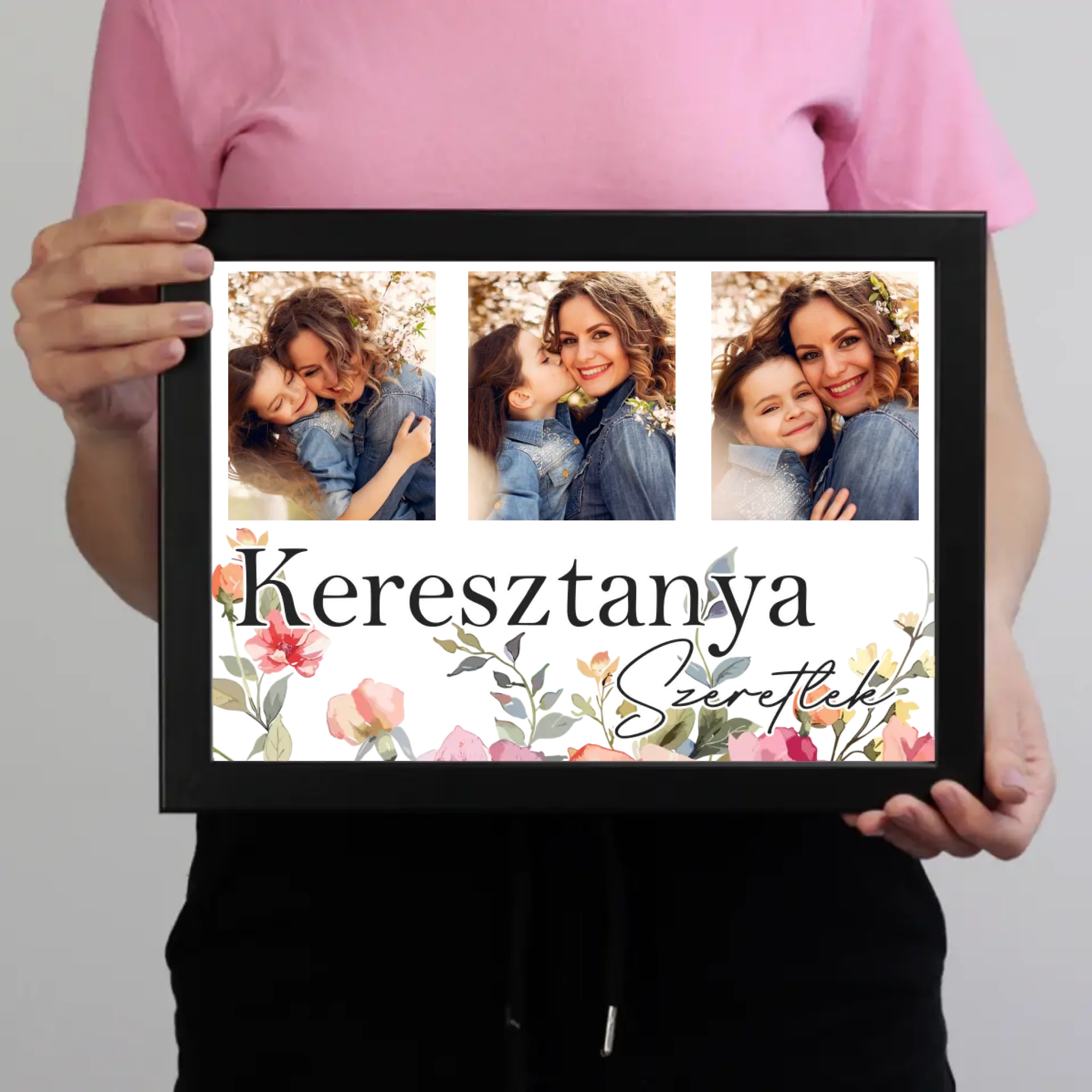 Keresztanya szeretünk - egyedi képes falikép választható felirattal